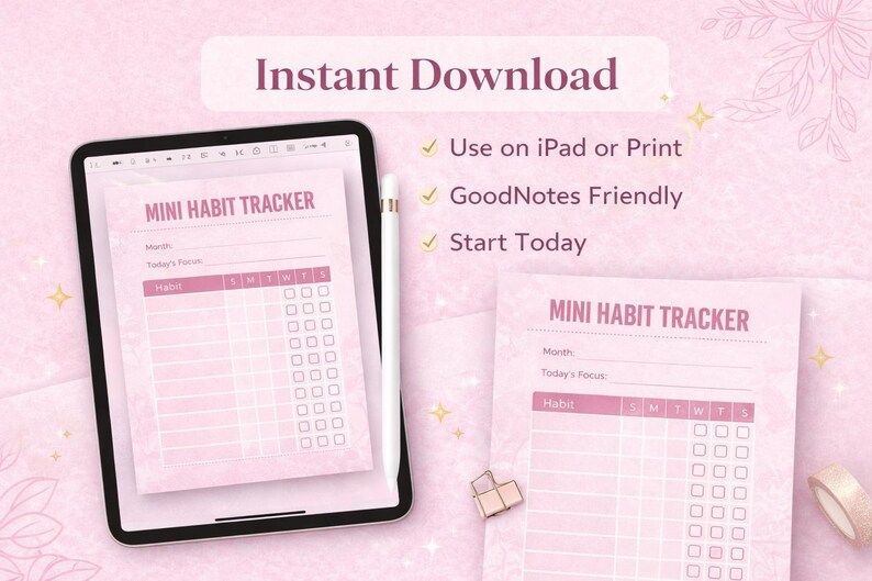 Pink Mini Habit Tracker Printable, Daily Checklist, Goodnotes iPad ...