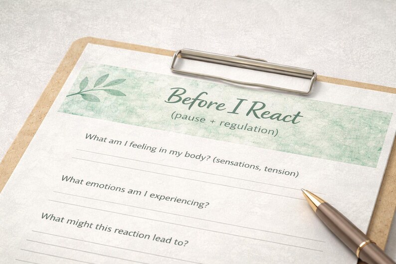 Pode incluir: Uma prancheta com uma folha de trabalho impressa intitulada "Before I React" com sugest&otilde;es para autorreflex&atilde;o. Uma caneta com ponta dourada repousa sobre o papel. A parte superior da prancheta tem um clipe prateado.