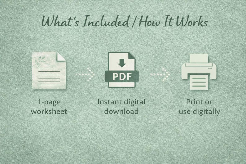 Pode incluir: Infogr&aacute;fico mostrando o processo de download digital. Apresenta uma folha de trabalho de 1 p&aacute;gina, um &iacute;cone PDF e um &iacute;cone de impressora, com o texto "O que est&aacute; inclu&iacute;do / Como funciona".
