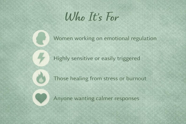 Pode incluir: Fundo verde claro com o texto "Who It's For" em fonte cursiva. Quatro marcadores com &iacute;cones e descri&ccedil;&otilde;es: regula&ccedil;&atilde;o emocional, facilmente desencadeado, cura do estresse e respostas mais calmas.
