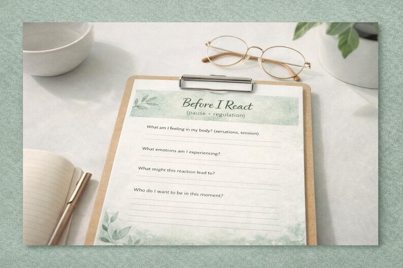 Pode incluir: Uma prancheta com uma folha de trabalho impressa intitulada "Before I React" com sugest&otilde;es para autorreflex&atilde;o. A folha de trabalho &eacute; decorada com elementos bot&acirc;nicos em aquarela. Um par de &oacute;culos redondos repousa sobre a prancheta.