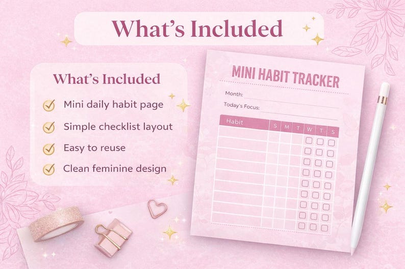Pink Mini Habit Tracker Printable, Daily Checklist, Goodnotes iPad ...