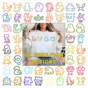 May include: White sweatshirt with four colorful Pokemon designs. Surrounding the sweatshirt are 66 outlined Pokemon designs in various colors. The text "66 POKEMON DESIGNS" is displayed in gold letters.