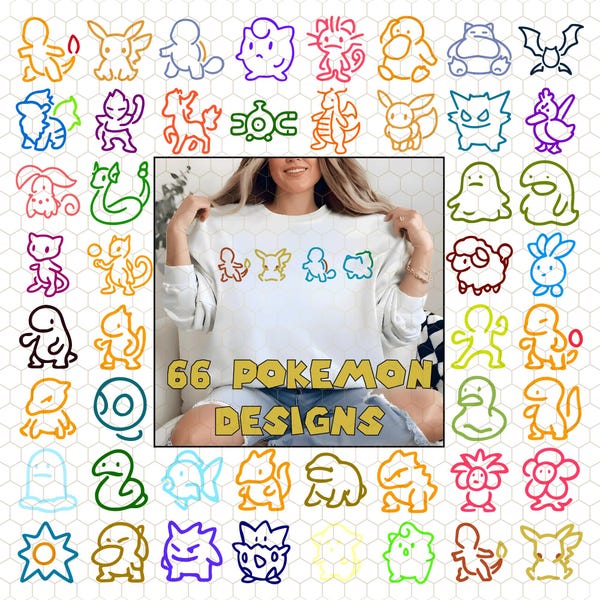 Pakiet Pokemon Outline SVG, Koszulka Pikachu Charmander Squirtle Bulbasaur, Minimalistyczny film animowany SVG, Uroczy prezent urodzinowy Pocket Monster SVG