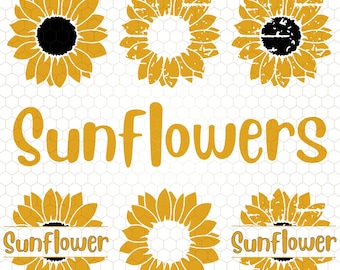 Paquete de archivos SVG de girasoles, monograma de girasol dividido, archivo Cricut de flores con efecto desgastado, imágenes prediseñadas PNG de verano, diseño floral para sublimación, paquete vectorial
