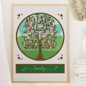 May include: A framed family tree art piece. The artwork features a brown tree with green leaves and multiple photo frames. The tree is set against a blue and green background, with the word "Family" in green at the bottom.