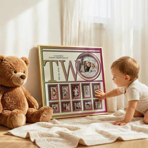 May include: A square photo collage frame featuring the text CALEB'S FIRST BIRTHDAY and JULY 03, 2024. The design includes a large circular photo frame and ten smaller rectangular photo slots, accented with olive green and magenta borders.