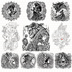May include: A collection of black and white illustrations featuring characters from a fairy tale. The images depict a beast and a woman in various scenes, surrounded by floral and ornamental designs. The artwork is detailed and intricate.