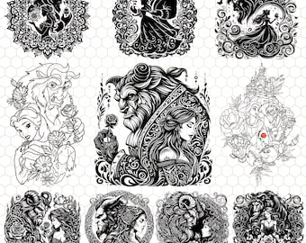 May include: A collection of black and white illustrations featuring characters from a fairy tale. The images depict a beast and a woman in various scenes, surrounded by floral and ornamental designs. The artwork is detailed and intricate.