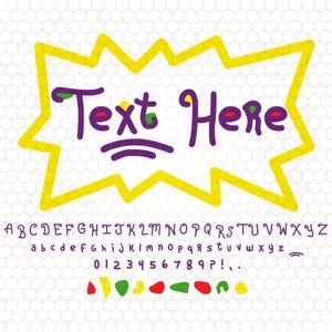 Könnte beinhalten: Grafikdesign mit dem Text "Text Here" in Lila, innerhalb einer gelben, gezackten Form. Das Bild enthält ein Alphabet, Zahlen und farbige Formen, alles vor einem weißen Wabenmuster-Hintergrund.