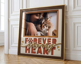 Caja de sombras conmemorativa para mascotas SVG, regalo de condolencias por la pérdida de un gato, plantilla de marco de fotos "Siempre en mi corazón", caja de luz en recuerdo de un perro, archivo PNG para cortar papel