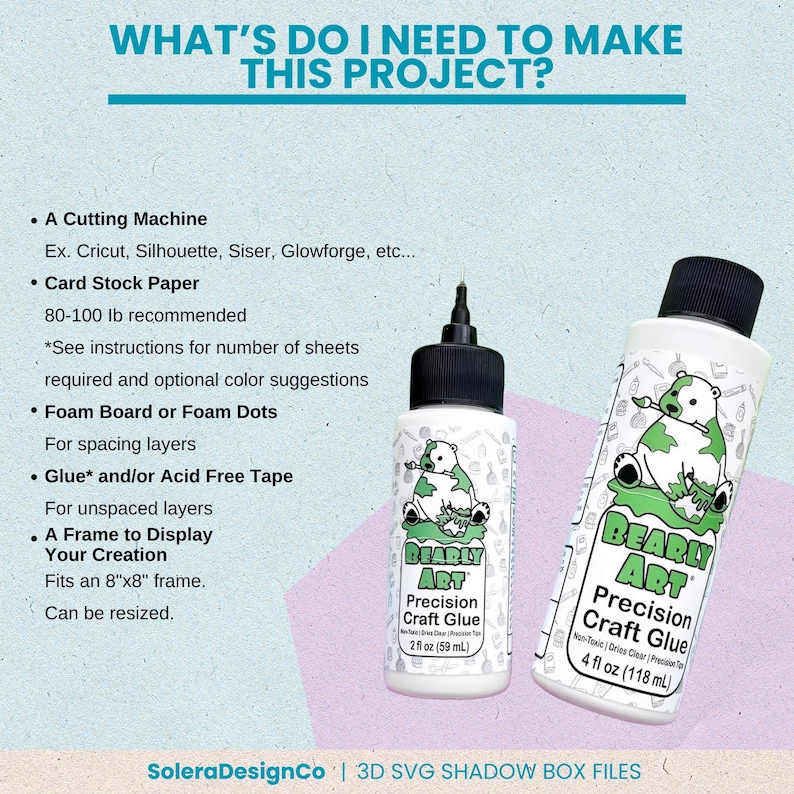 Puede incluir: Se muestran dos botellas de "BEARLY ART Precision Craft Glue". Las botellas blancas tienen tapas negras y una ilustraci&oacute;n de oso verde y blanco. El texto "WHAT'S DO I NEED TO MAKE THIS PROJECT?" est&aacute; en la parte superior, con una lista de materiales requeridos.