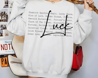 Palabras de la suerte SVG PNG, archivo de corte del Día de San Patricio, sudadera irlandesa SVG, tipografía de fuente de escritura estética, diseño de fondo de trébol, Cricut PNG