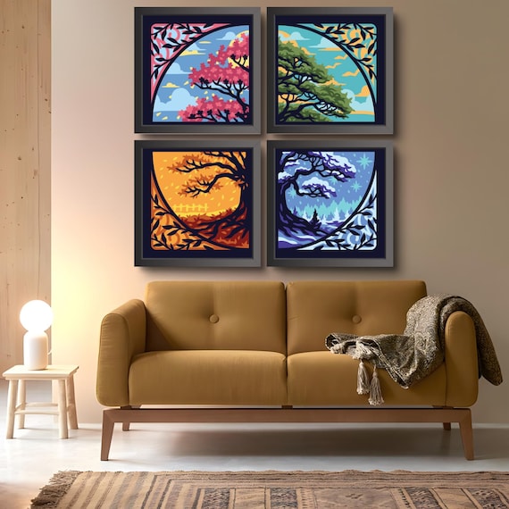 Four Seasons Tree 3D Shadow Box SVG, Layered Paper Cut File for Cricut, 3D Tree Wall Art, Nature Lover DIY Lover Gift, 3D Papercraft Pattern
