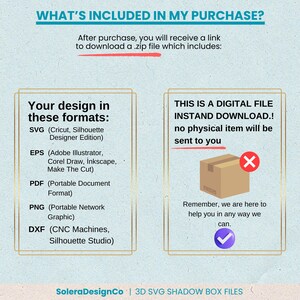 Puede incluir: Imagen que detalla los formatos de archivo digital: SVG, EPS, PDF, PNG y DXF. Indica que la compra es una descarga digital, sin env&iacute;o de un art&iacute;culo f&iacute;sico. El texto tambi&eacute;n ofrece asistencia.