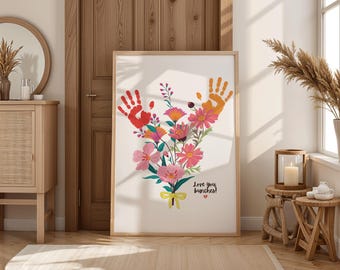 SVG de huella de mano con flores, SVG de recuerdo del Día de la Madre, manualidades con huellas de manos, regalo DIY para niños pequeños, imágenes prediseñadas de ramo de flores silvestres, PNG de "Te quiero mucho"