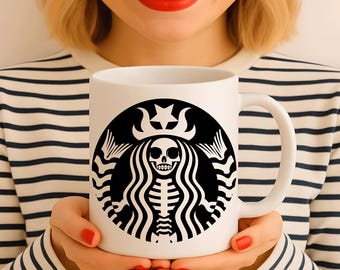 Café con esqueleto SVG, logotipo de café de Halloween, sirena esqueleto SVG, archivo de corte para Cricut, divertido Halloween PNG, diseño de sublimación, vector de moda