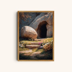 Lámina imprimible de Pascua con tumba vacía, arte mural de la resurrección cristiana (descarga digital)