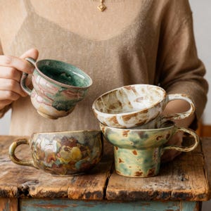 May include: A selection of handcrafted ceramic mugs with distinctive, textured surfaces. The mugs display a range of colours, such as green, brown, and yellow, with natural patterns. Each mug has a handle and a unique form, demonstrating the artistry of the pottery.
