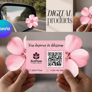 Puede incluir: Anuncio de productos digitales con un diseño de flor rosa. La imagen incluye un espejo retrovisor de coche con una pegatina de flor, una tarjeta de visita con un gráfico de flor y el texto "DIGITAL products". La tarjeta de visita tiene el texto "You deserve to blossom".