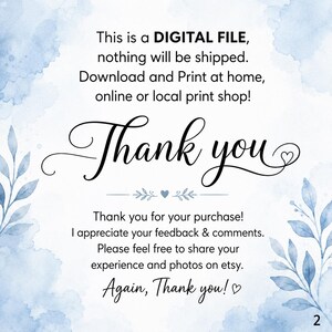 May include: A digital file announcement with a watercolor background in shades of blue. The text reads "Thank you" in elegant script, with additional text thanking the customer for their purchase and encouraging feedback.