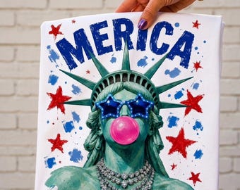 Preppy Brushstroke Statue of Liberty Blowing Bubble T-Shirt, Girly USA Patriotic Gift, 4th of July Graphic Tee, Merica Shirt