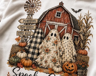 Spooky Season PNG: Vintage Halloween Ghosts Barn Pumpkin Patch Fall Autumn Farmhouse Floral Ghost png Rustic Decor (Digital Download)