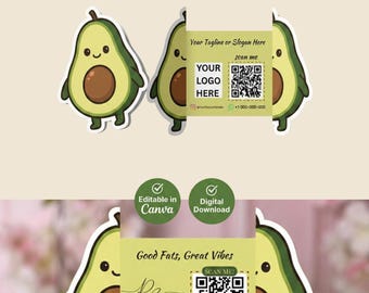Folded Avocado Business Card Template | Cute Shaped Business Card | Editable Canva Design | QR Code Business Card