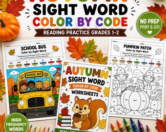 Autumn Sight Word Color by Code Worksheets Grade 1 2 Reading Practice