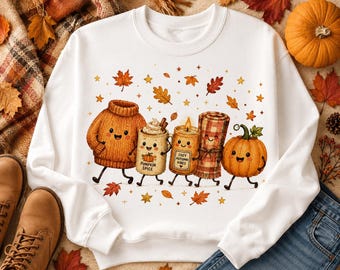 Cozy Autumn PNG, Kawaii Fall Friends Clipart, Pumpkin Spice Bundle, Cute Autumn Leaves, Sublimation Design, Digital Download