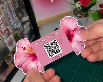 DIY Hibiscus Flower Business Card, Foldable Die-Cut Template, Tropical Summer Branding, QR Code Insert Card, SVG for Cricut, Hawaiian Luau P