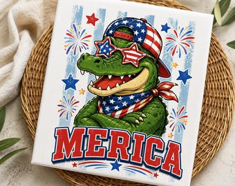 Striped 4th of July Alligator Boy PNG, funny Patriotic ‘Merica Alligator Shirt Design, American Flag, USA Red White Blue Digital Download