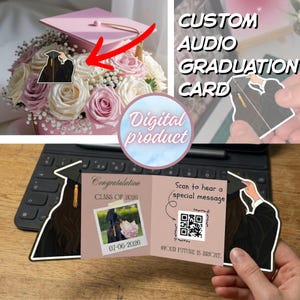 May include: A digital graduation card with a custom audio message. The card features a photo, the text "Congratulations CLASS OF 2026", and a QR code. The image also shows a bouquet of roses and a graduation cap.