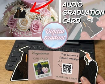 Die-Cut Graduation Card Template, Unique Folded Shape Grad Card, Class of 2026 Audio Photo Card, QR Code Voice Message Gift, Editable Canva.