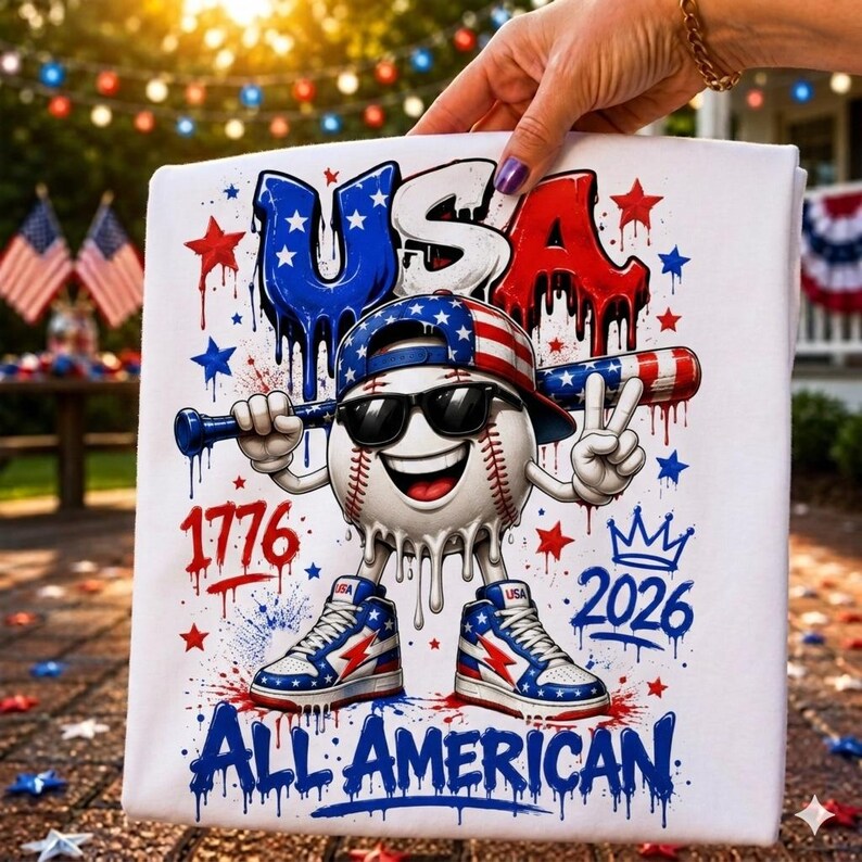 May include: White t-shirt with a baseball character wearing sunglasses, a baseball cap, and sneakers, holding a bat. The shirt features the text "USA", "1776", "2026", and "ALL AMERICAN" in red and blue, with star accents.