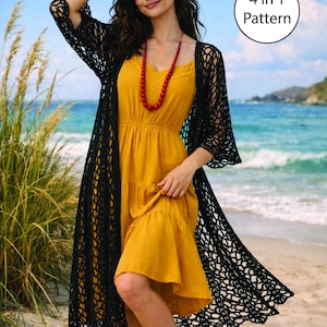 May include: A woman in a mustard yellow dress and a black, open-weave crochet cardigan. A red beaded necklace is worn. The image includes the text "4 in 1 Pattern" in a white circle, with flags of the USA, Germany, Spain, and France.