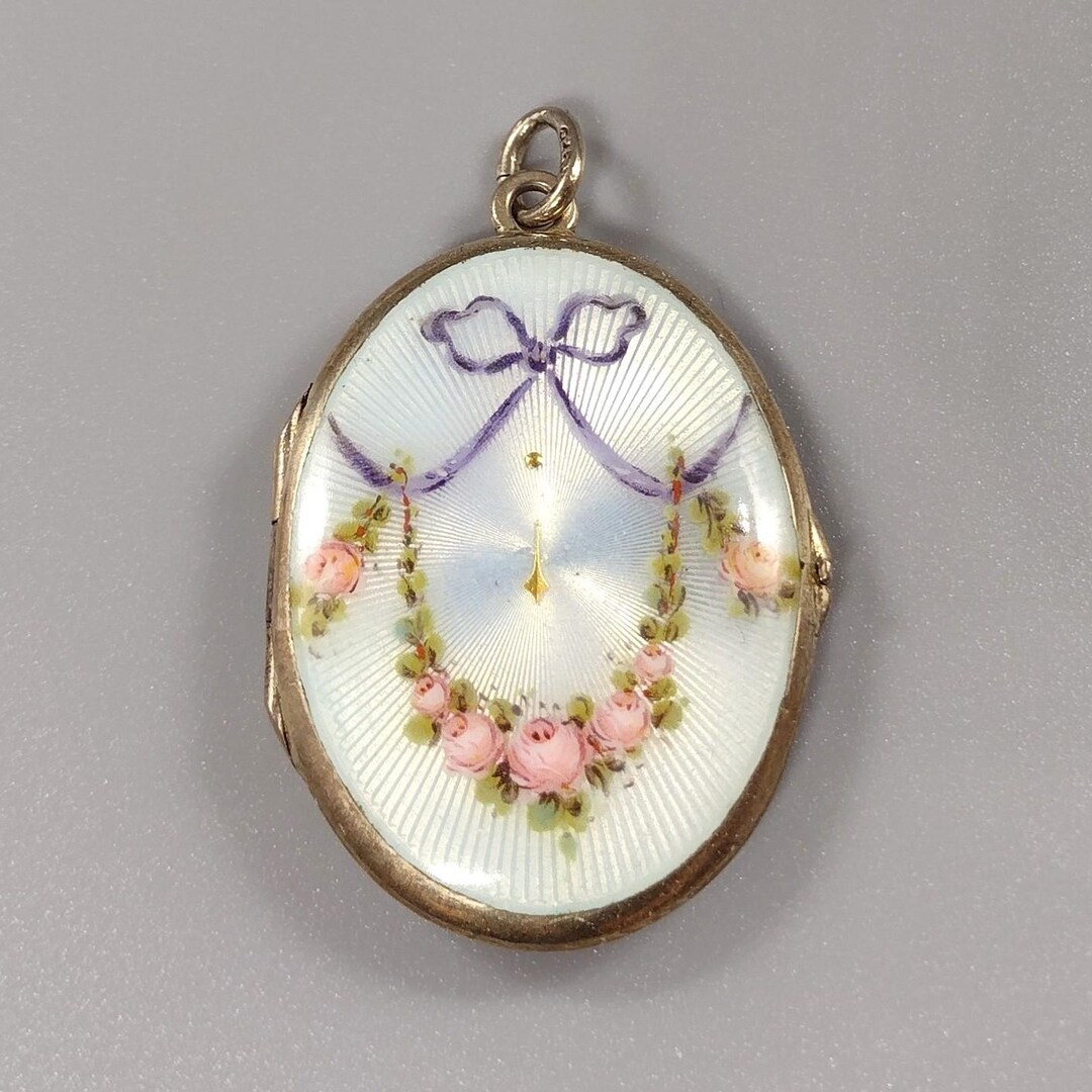 Antique Sterling Guilloche Enamel Locket Rose Festoon & Ribbon, 935 ...