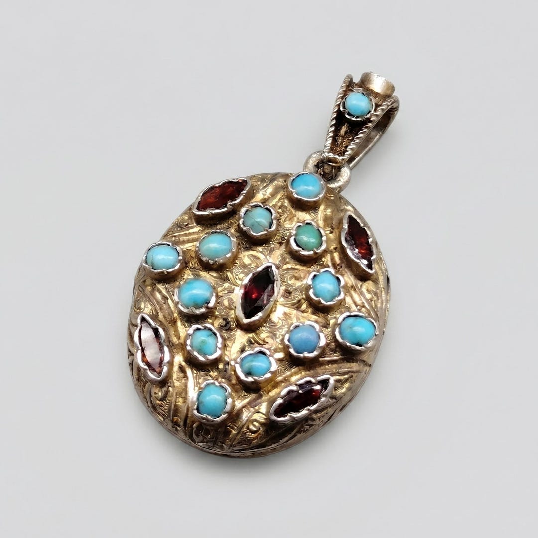 Antique Austro Hungarian Turquoise & Bohemian Garnet Locket, 930 ...