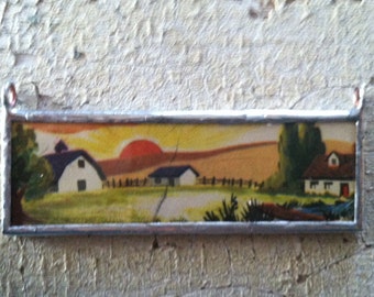 Granja en El amanecer / Colgante del país (doble cara) hecho de libros vintage