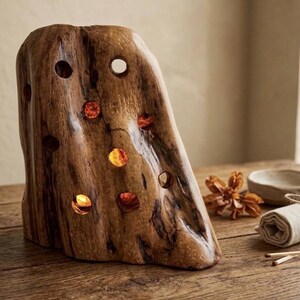 May include: A natural wood sculpture featuring a polished, irregular surface with multiple circular cutouts. Several of these openings are filled with glowing, amber-colored resin inserts that emit a warm light from within the hollow structure.