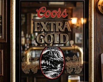Espejo vintage de Coors Extra Gold de 1988: leones heráldicos, logotipo de las Montañas Rocosas, decoración de pared de cervecería
