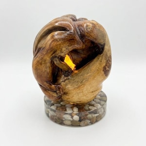 May include: A polished wooden burl sculpture with a natural organic shape and a hollow center emitting a warm yellow light. The sculpture is mounted on a circular base made of clear resin filled with small, smooth, multi-colored river stones.