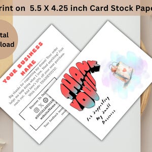 Puede incluir: Dos tarjetas blancas con texto e ilustraciones. Una tarjeta dice "YOUR BUSINESS NAME" en rojo. La otra dice "THANK YOU" en rojo y negro, con una ilustración de una bolsa de la compra. Las tarjetas miden 14 x 10,8 cm.