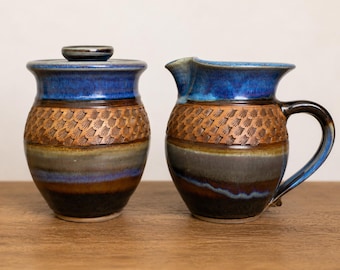 Vintage Winegar Pottery Cream Sugar Set | Handcrafted Studio Pottery by Jim and Linda Winegar | Blue Drip Glaze Stoneware | Signed Artisan P