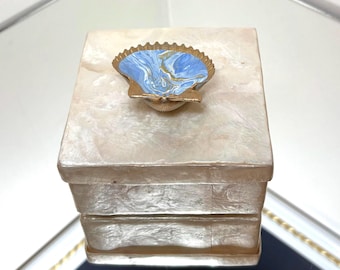 Vintage Capiz Shell Trinket Box with Brass Seashell Lid, Blue Enamel Accent – Coastal Decor