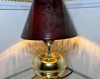 Vintage Brass Bouillotte Style Table Lamp w/ Red Clip-On Metal Shade, Newly Rewired, Mid Century Accent Lighting, Hollywood Regency Lamp