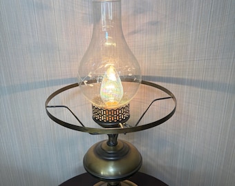 Vintage Brass Bouillotte Lamp Base, Glass Hurricane Chimney, Hollywood Regency Style