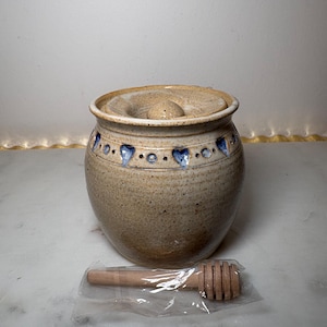 Vintage Studio Pottery Honey Pot with Lid, Blue Heart Motif Stoneware Jar