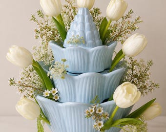 Vintage Light Blue Ceramic Artichoke Tulipiere Vase Tiered Flower Arranger Cottagecore Farmhouse Centerpiece 10.5” Tall