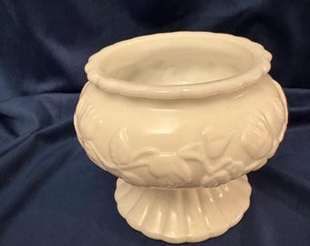 Vintage Milk Glass Pedestal Bowl – White Footed Planter or Jardiniere – Classic Cottage Decor
